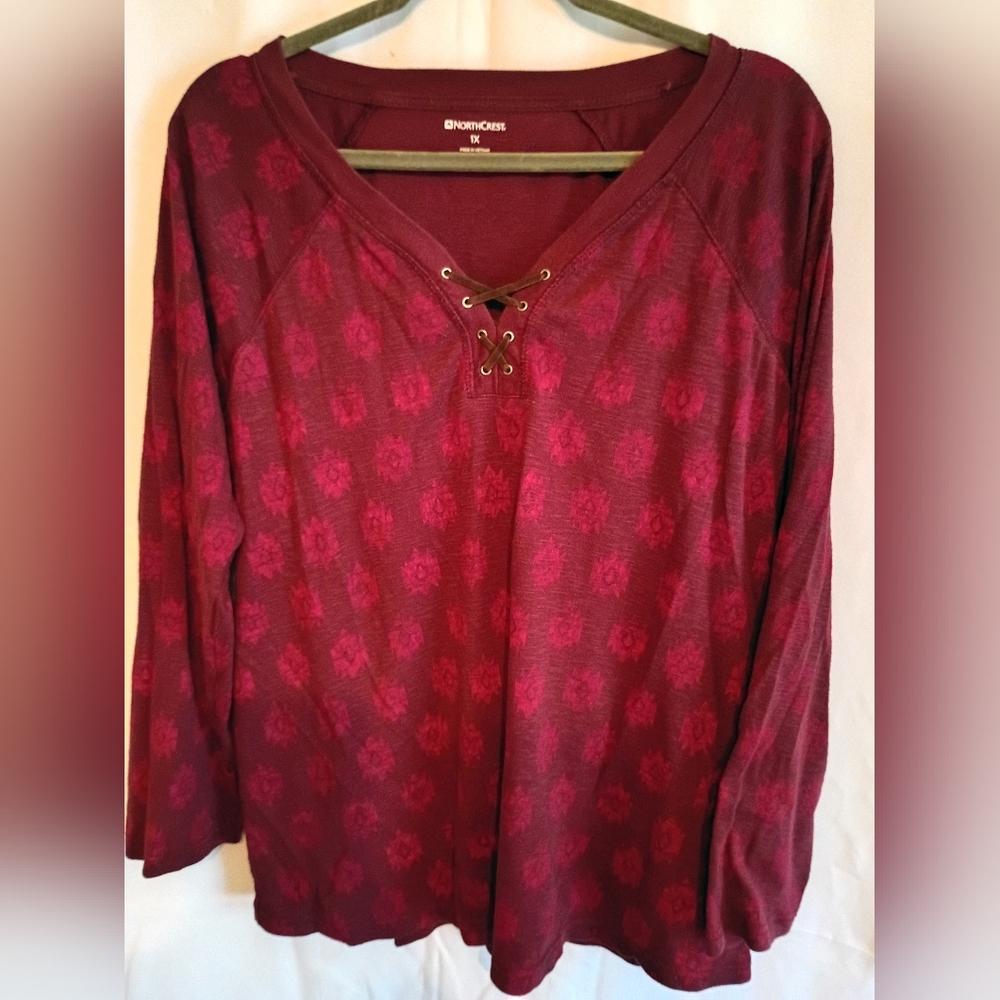 Northcrest Burgundy Size 1x 3/4 Lace-Up Long Sleeve Shirt. - Picture 3 of 8